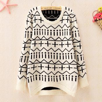 Black & White Geometric Pattern Loose Sweater on Luulla